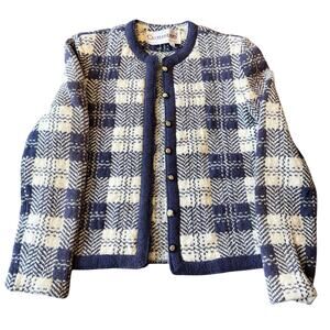 Vintage Cardigan Sweater Size 10 Castleberry Wool Navy Blue White M 90s